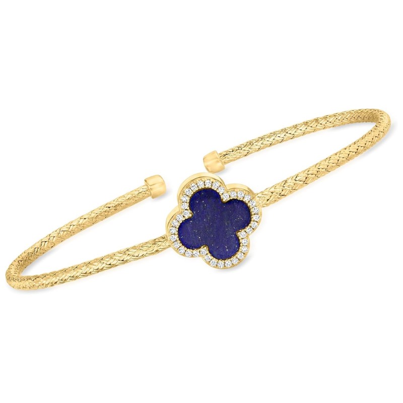 Lapis Clover CZ Cuff Bracelet Gold