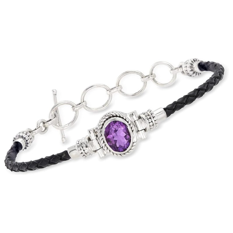 Amethyst Black Leather Silver Toggle Bracelet