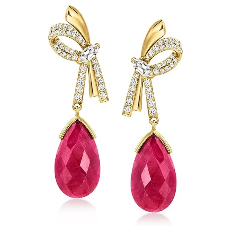 Ruby Bow Drop Earrings Gold Over Silver