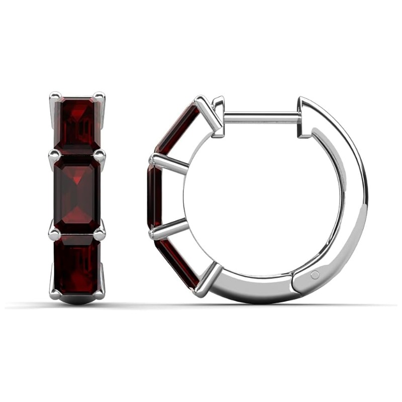 Red Garnet Emerald Cut Huggie Earrings