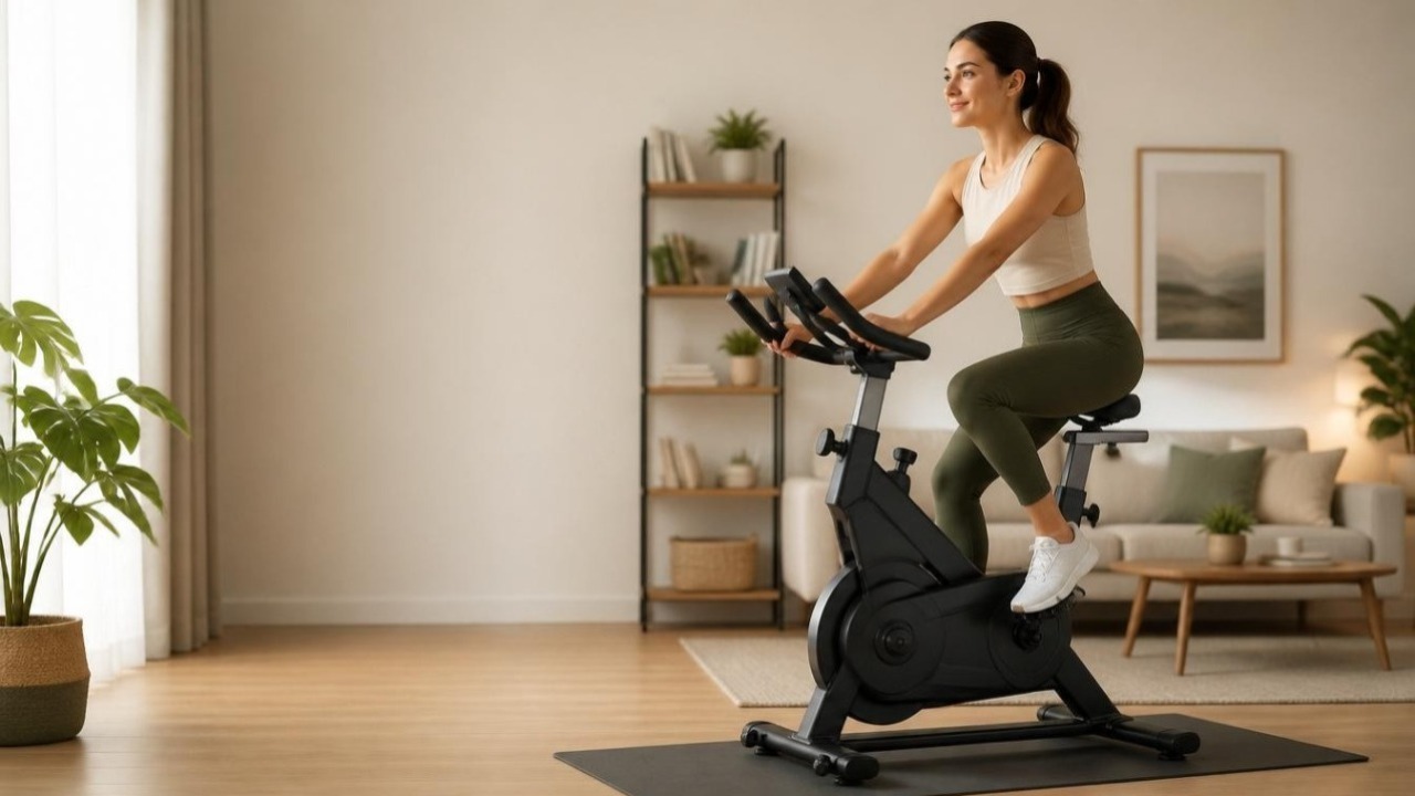Person riding a compact indoor spin bike on a mat in a bright, tidy living room, showing how quiet home cardio fits into a small apartment.