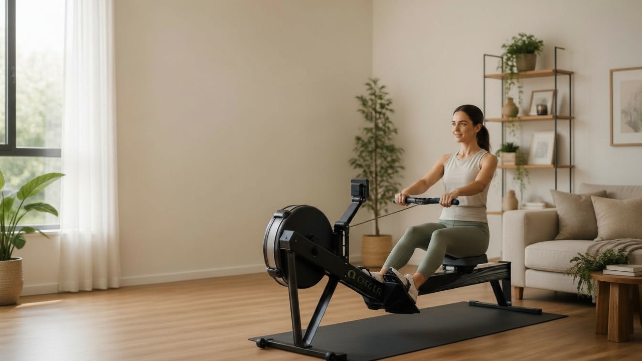 Person rowing on a compact magnetic rowing machine in a tidy living room, showing quiet full‑body cardio that fits into a small home.