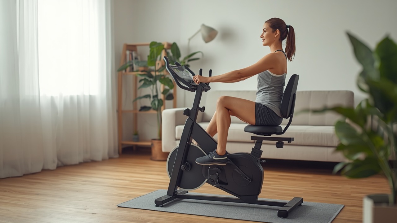 Person using a quiet recumbent exercise bike for low‑impact cardio in a small apartment living room
