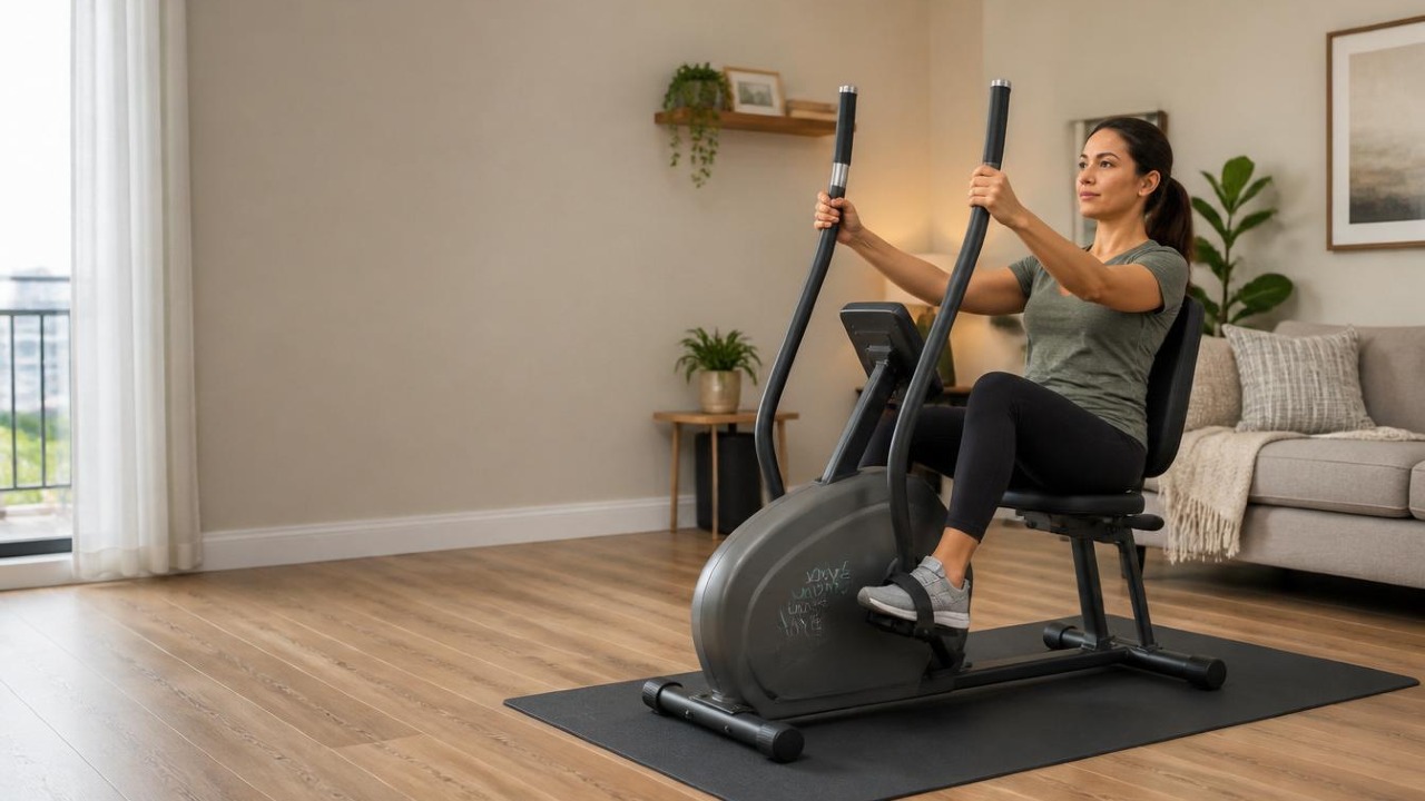 Person seated on a recumbent exercise bike with moving arm handles, doing a quiet full‑body workout in a modern apartment living room