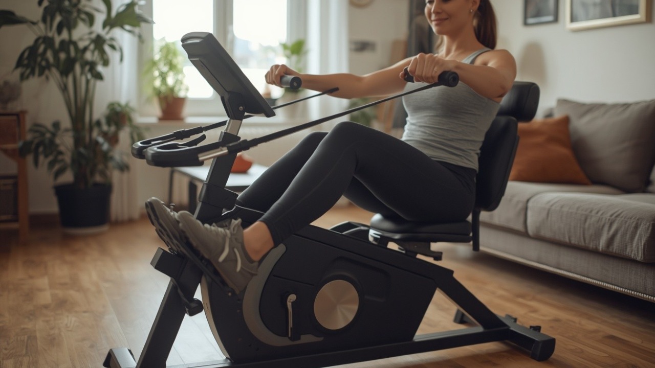 Person using a quiet recumbent exercise bike with resistance bands, pedalling and pulling the bands for a full‑body workout in a bright apartment living room