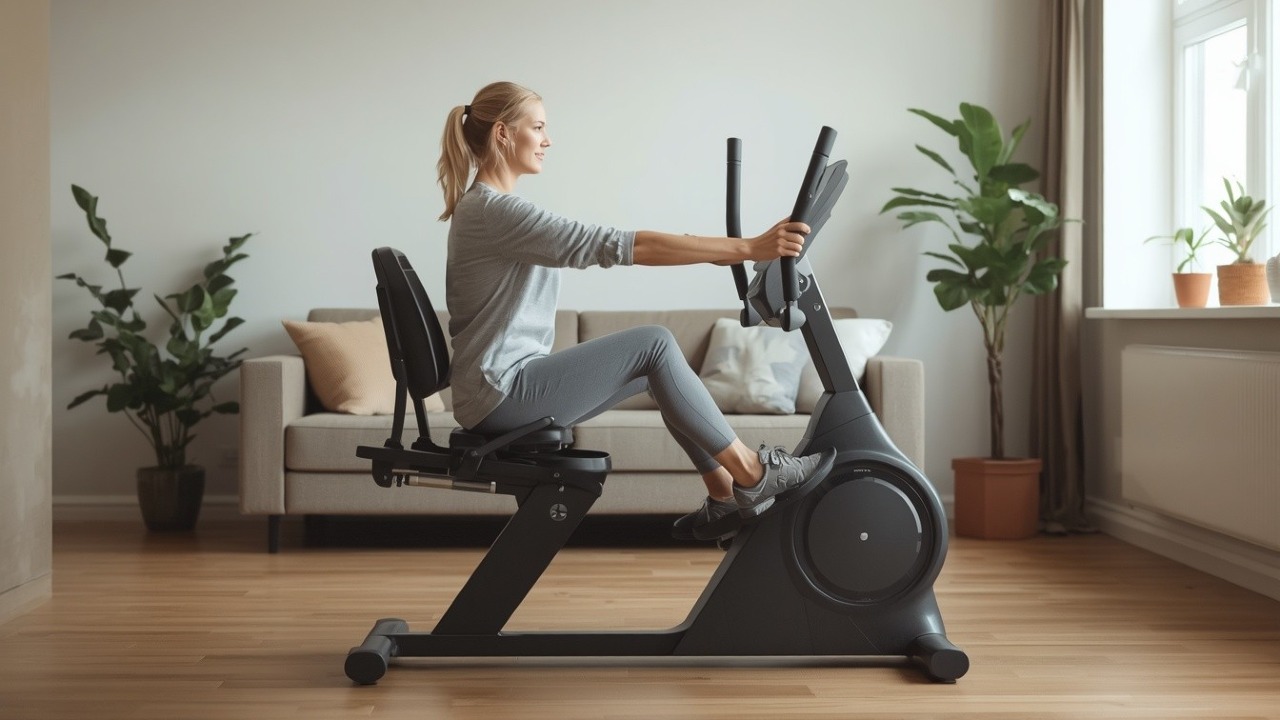 Person using a quiet recumbent cross trainer with moving arm handles for low‑impact full‑body cardio in a modern apartment living room