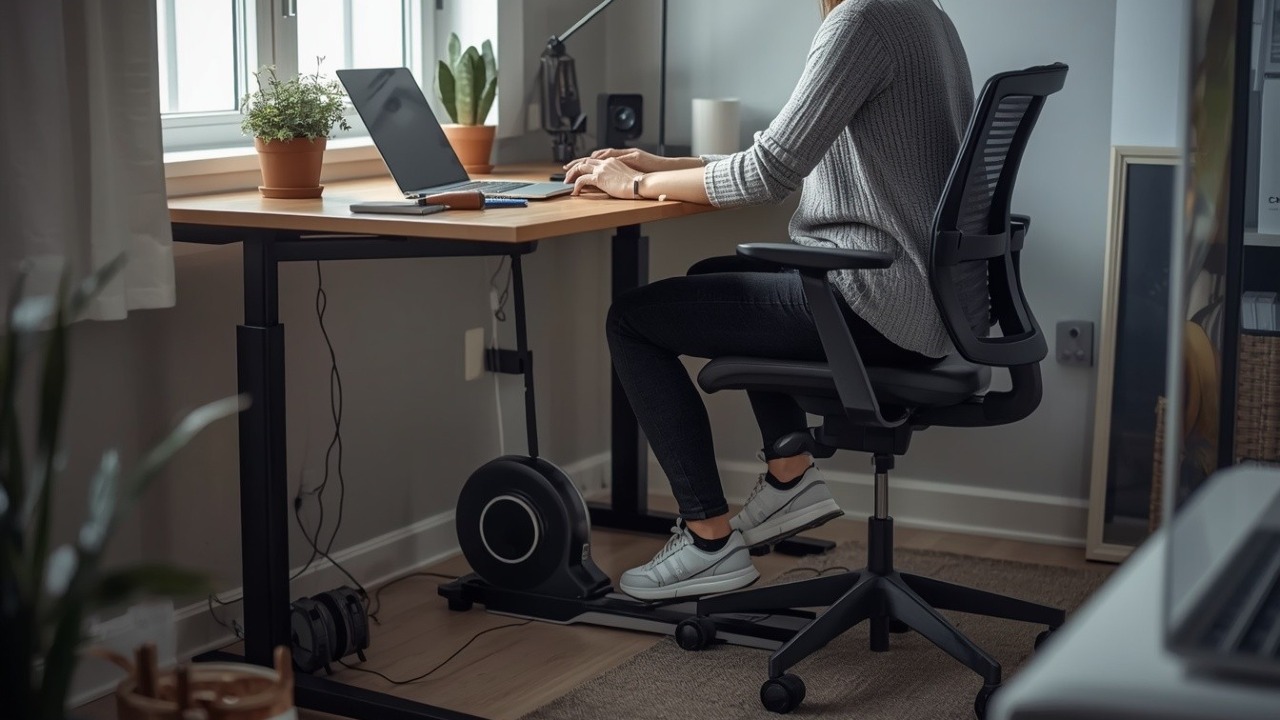 "Person sitting at a desk using a compact under‑desk elliptical machine"