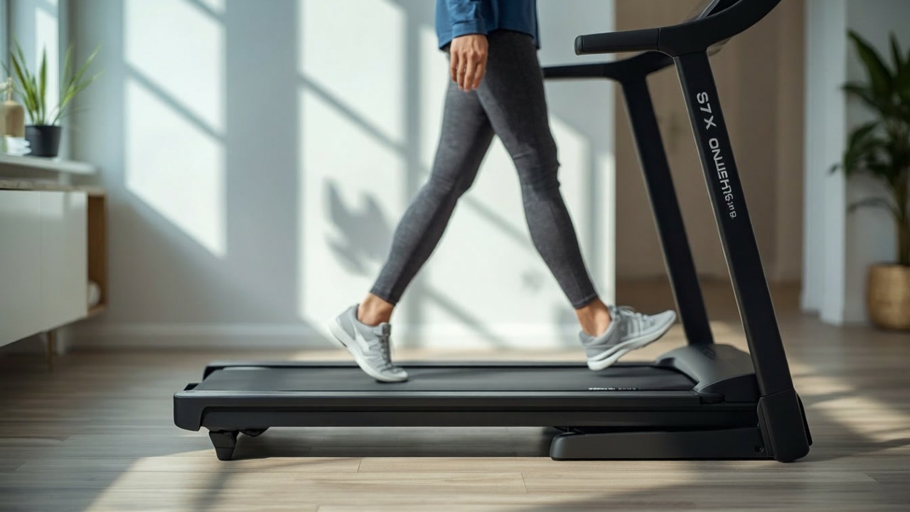 Person walking on a compact quiet walking pad treadmill in a bright small apartment living room.