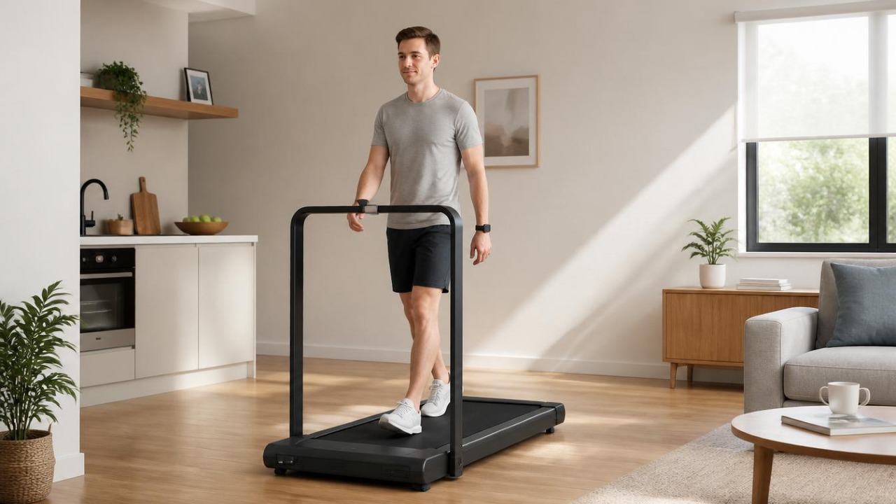 Person walking on a compact KingSmith WalkingPad TRX21F folding treadmill in a bright home interior
