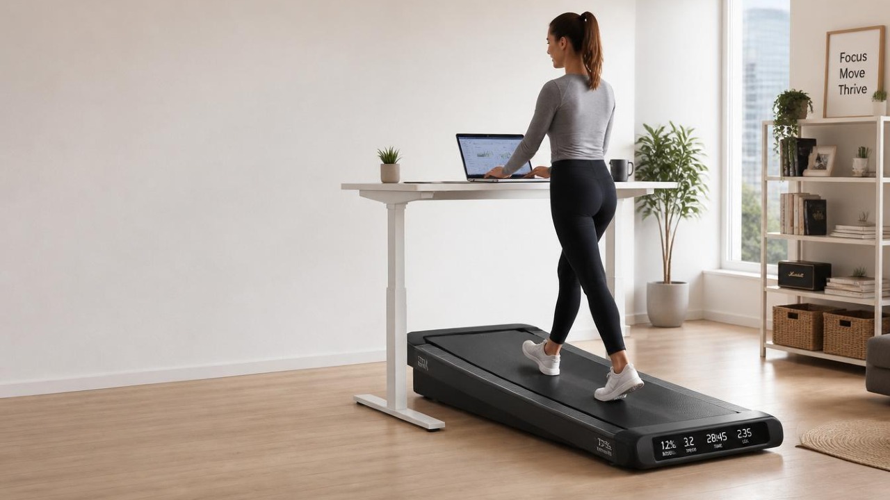Person walking on a MERACH NovaWalk W50 TrekPad 12% auto‑incline walking pad under a standing desk in a small home office.