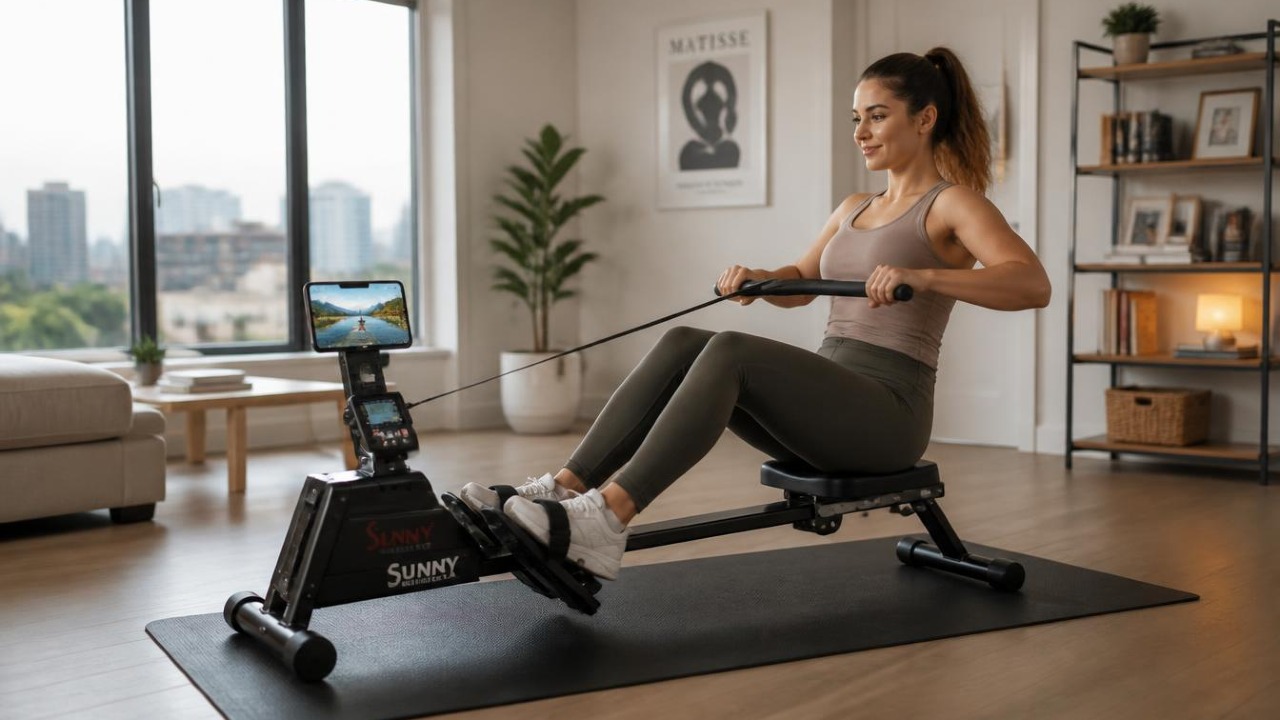 Woman rowing on a compact Sunny Health & Fitness hydraulic rowing machine in a cozy apartment living room, using a phone in the integrated holder, showing quiet, low‑impact full‑body home cardio