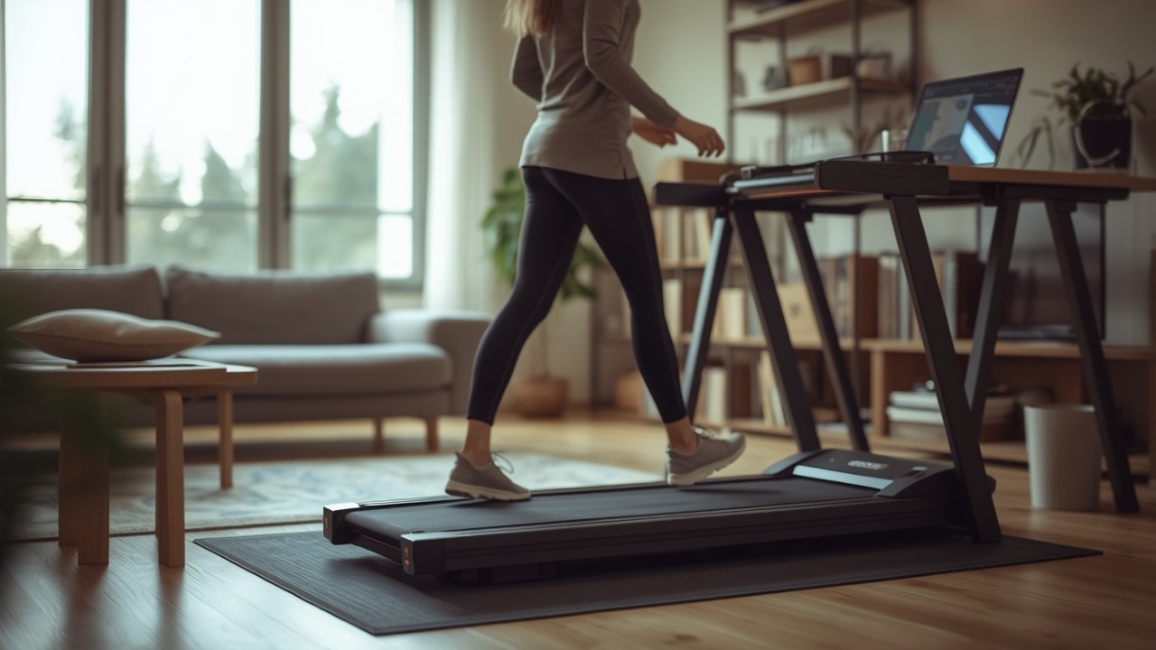 Person walking on a slim foldable treadmill in a modern living room, using a standing desk with a laptop, showing quiet, space‑saving home cardio.