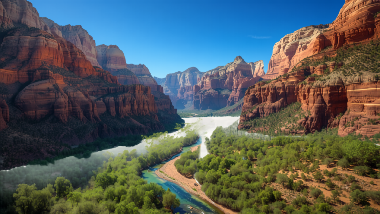 Zion Canyon's red and cream sandstone cliffs along the Virgin River