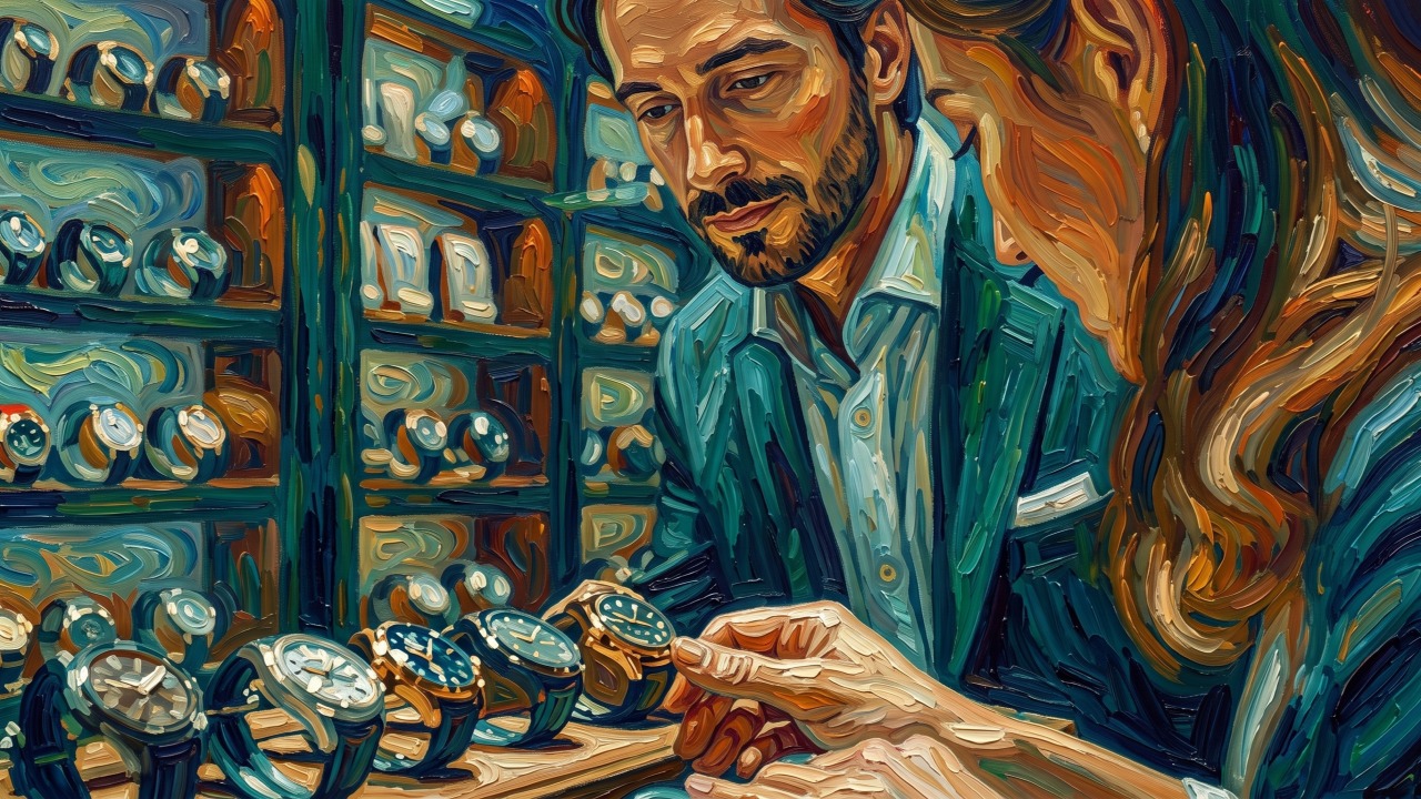 Impressionist painting of a watchmaker showing a client a tray of luxury watches