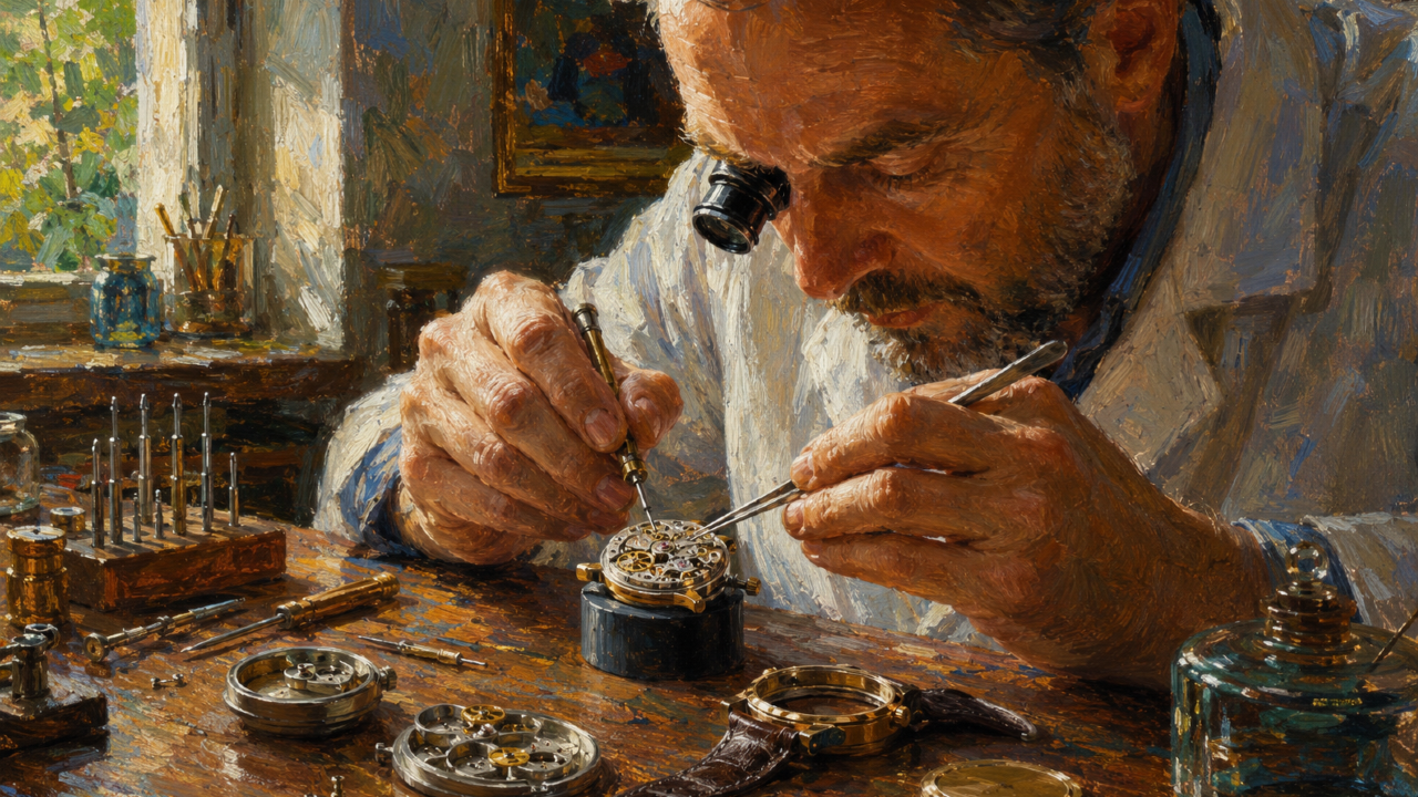 Post-Impressionist painting of a bearded watchmaker with a loupe servicing a watch movement at a sunlit window bench