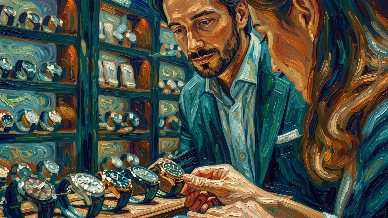 Impressionist painting of a watchmaker showing a client a tray of luxury watches