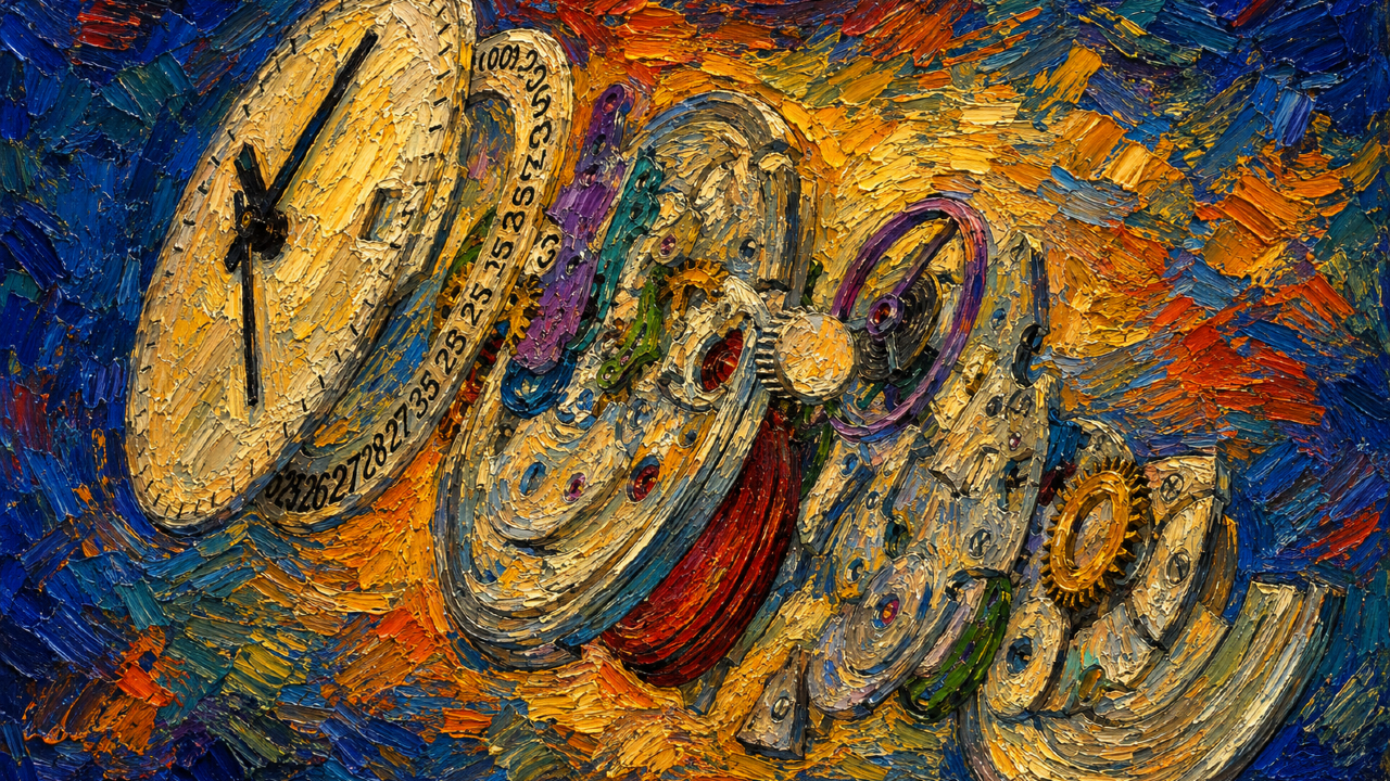 Surreal Van Gogh-style painting of a swirling watch dial and movement