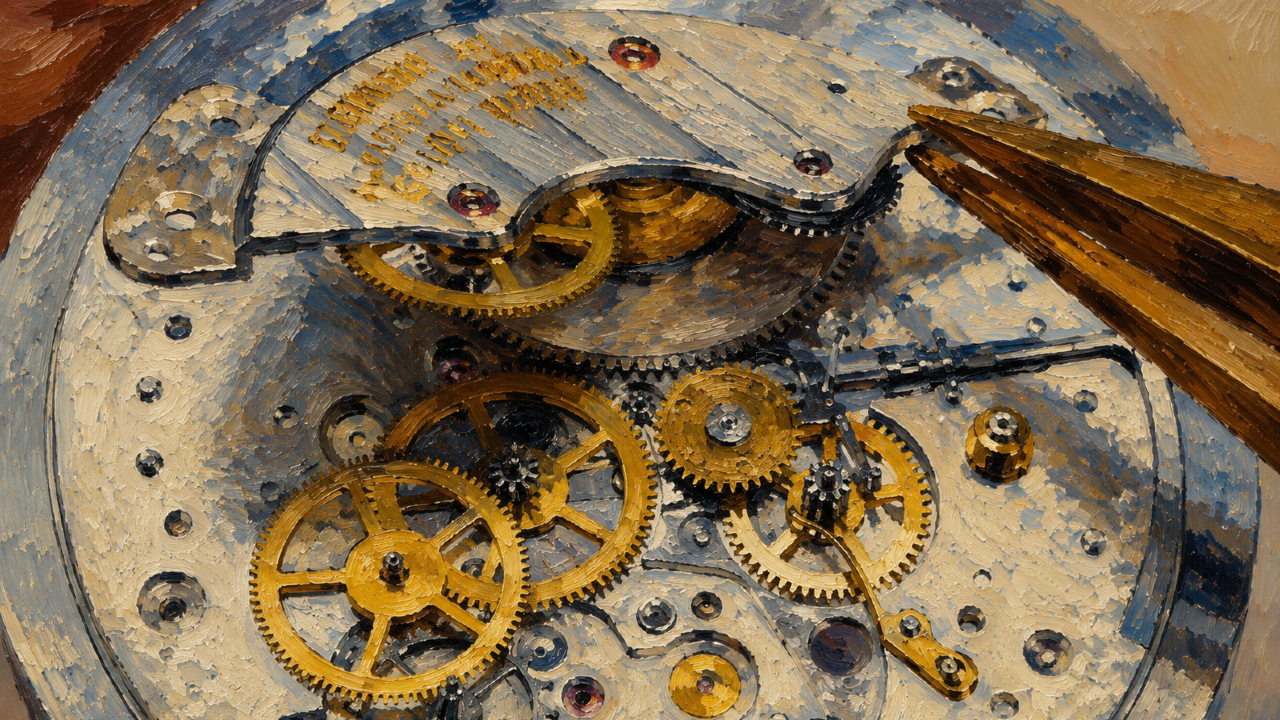 Oil painting close-up of a watch movement with an engraved bridge, gold gear train and tweezers