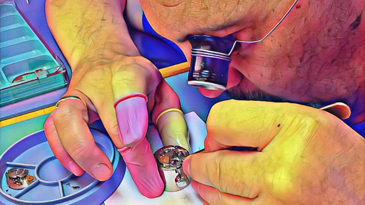 Post-Impressionist painting of a bearded watchmaker with a loupe servicing a watch movement at a sunlit window bench