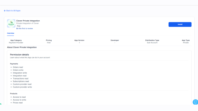 GoHighLevel marketplace - GHL integration - Clover Private Integration