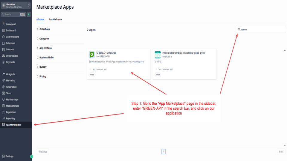 GoHighLevel marketplace - GHL integration - GREEN-API WhatsApp