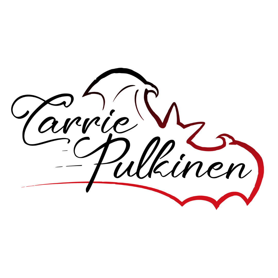 Author Carrie Pulkinen’s logo with flowing script and a bold bat-wing silhouette in black and red.