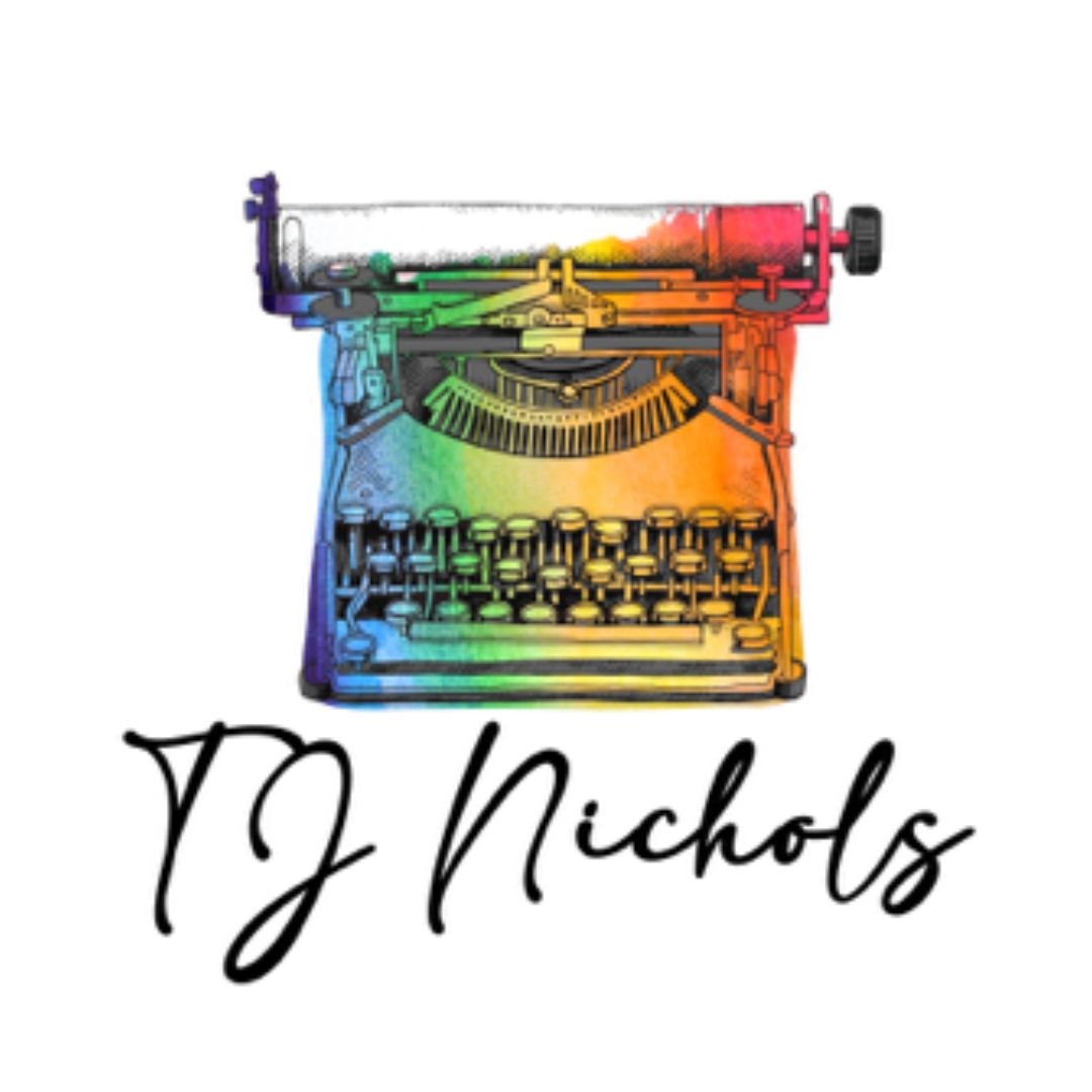 rainbow typewriter with the words TJ Nichols underneath