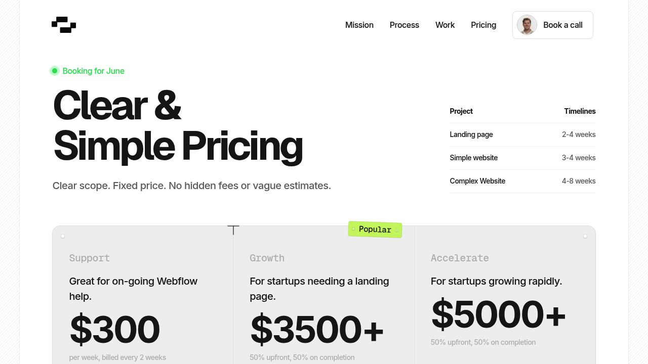 Pricing plans offered by Two Hands Studio for Webflow design and development services.