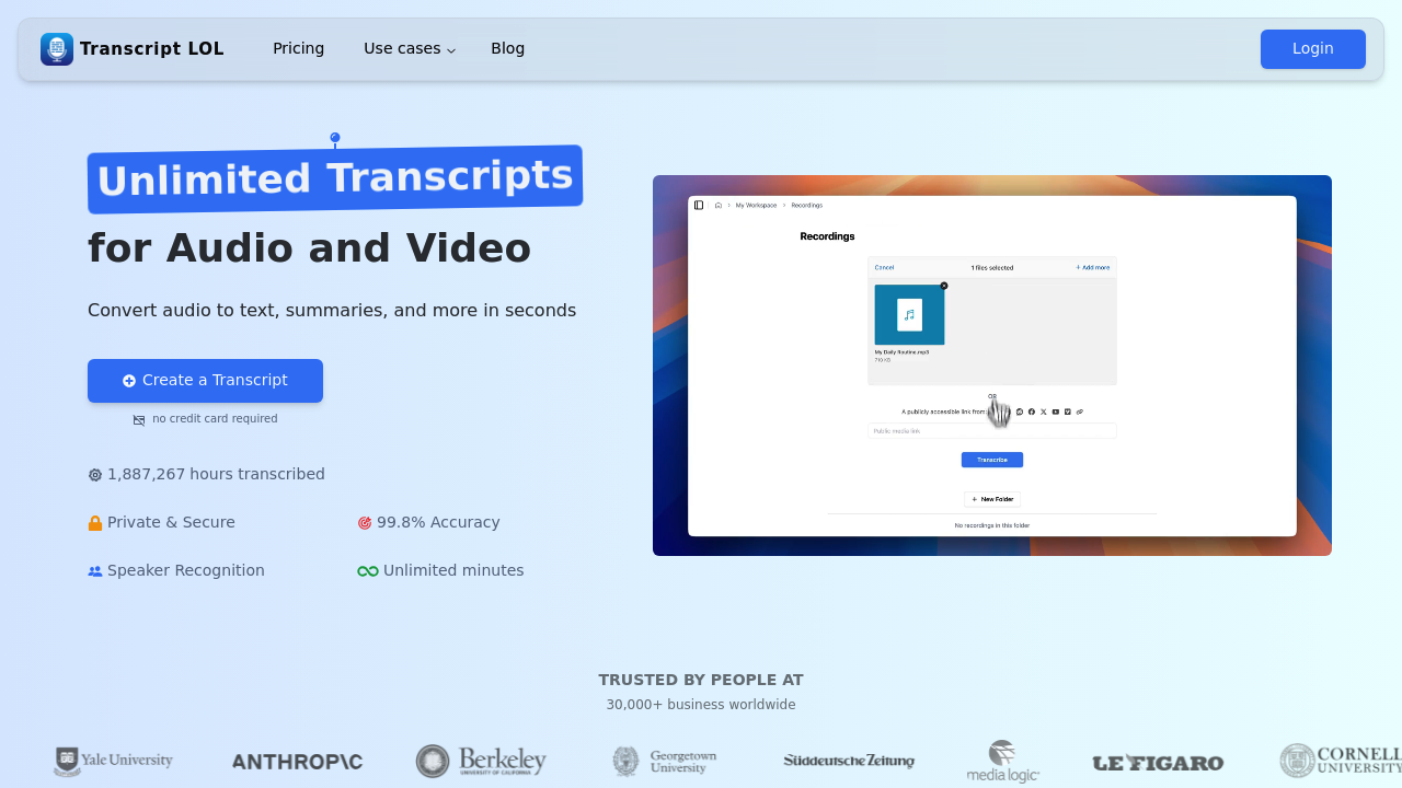 Transcript LOL - Unlimited Transcripts for Audio and Video
