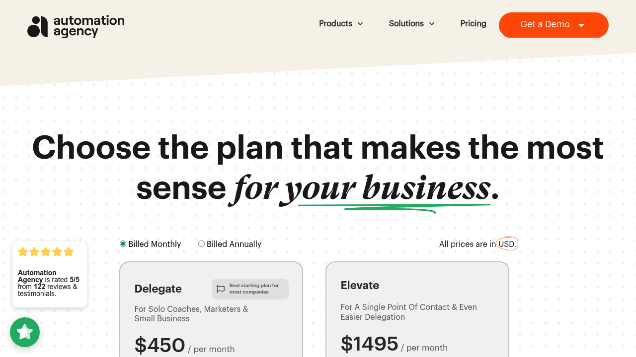 Screenshot of the Automation Agency concierge service plans page showing pricing tiers.