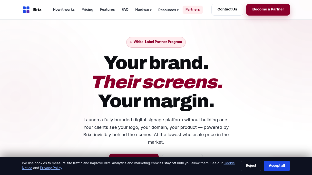 Desktop screenshot of the Brix white-label partner programme page