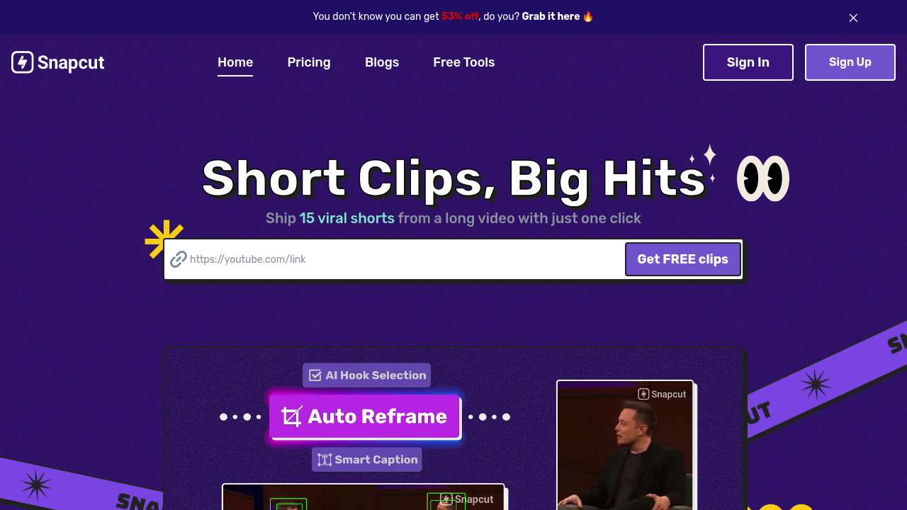 Snapcut - AI-powered video editing tool that repurposes long videos into viral shorts