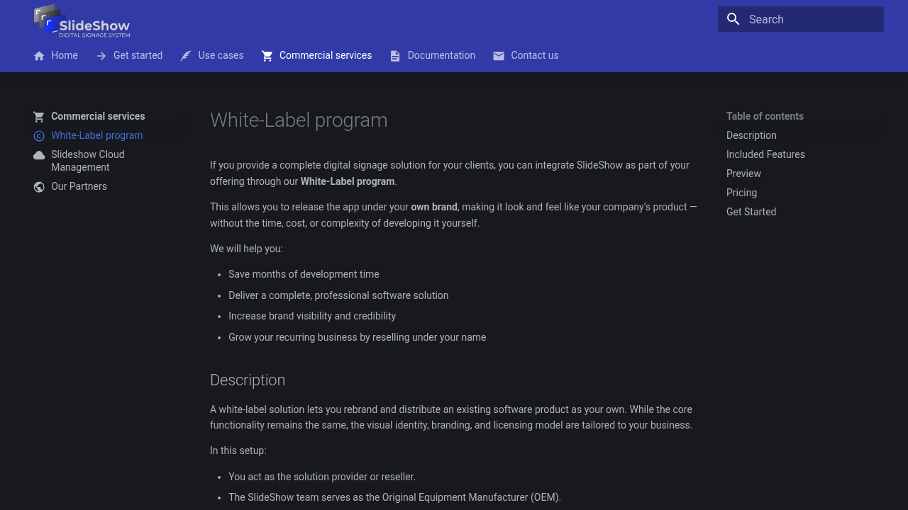 Desktop screenshot of the SlideShow white-label programme page