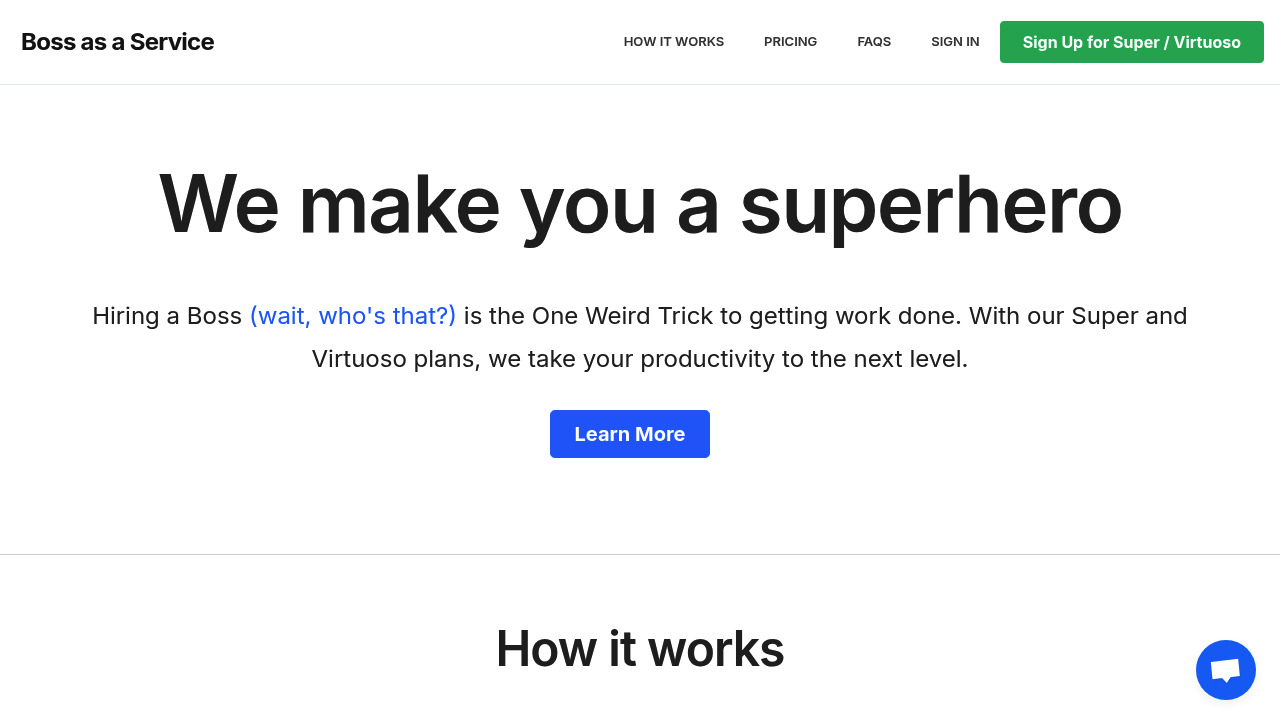 Boss as a Service Super/Virtuoso landing page showing headline 'We make you a superhero'.