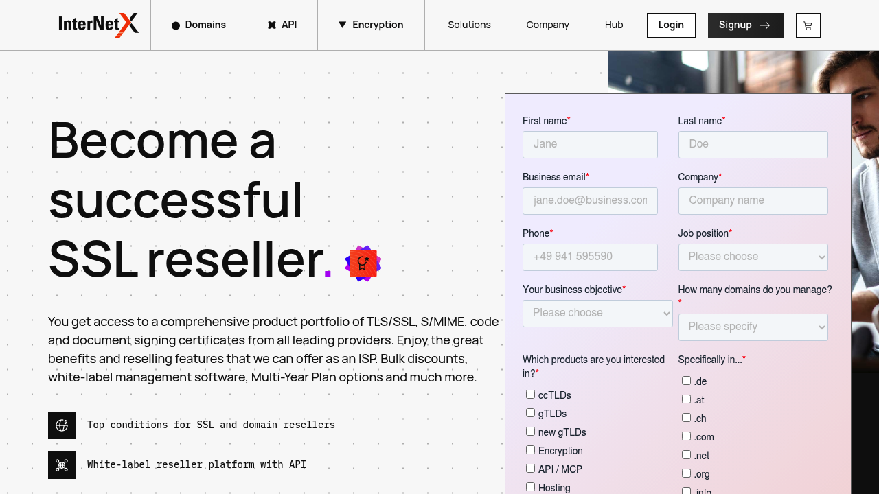 Desktop screenshot of InterNetX web interface
